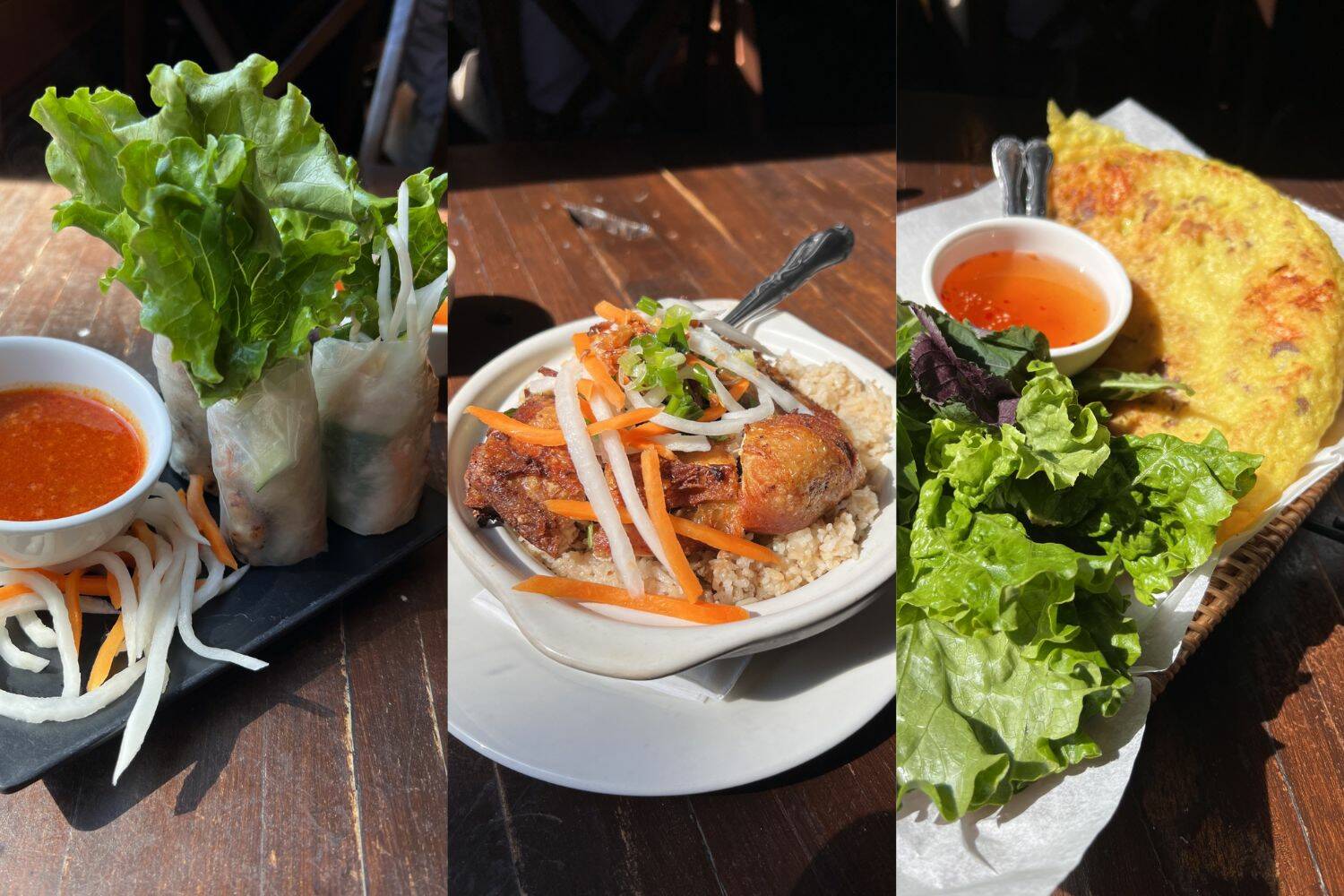 Cameron Sheppard/Alb Media
Pictured: Goi Cuon Chao Tom, pork sausage salad fresh rolls; Com Ga Siu Siu, a chicken rice pot of sorts; and Banh Xeo, a Vietnamese-style crepe.