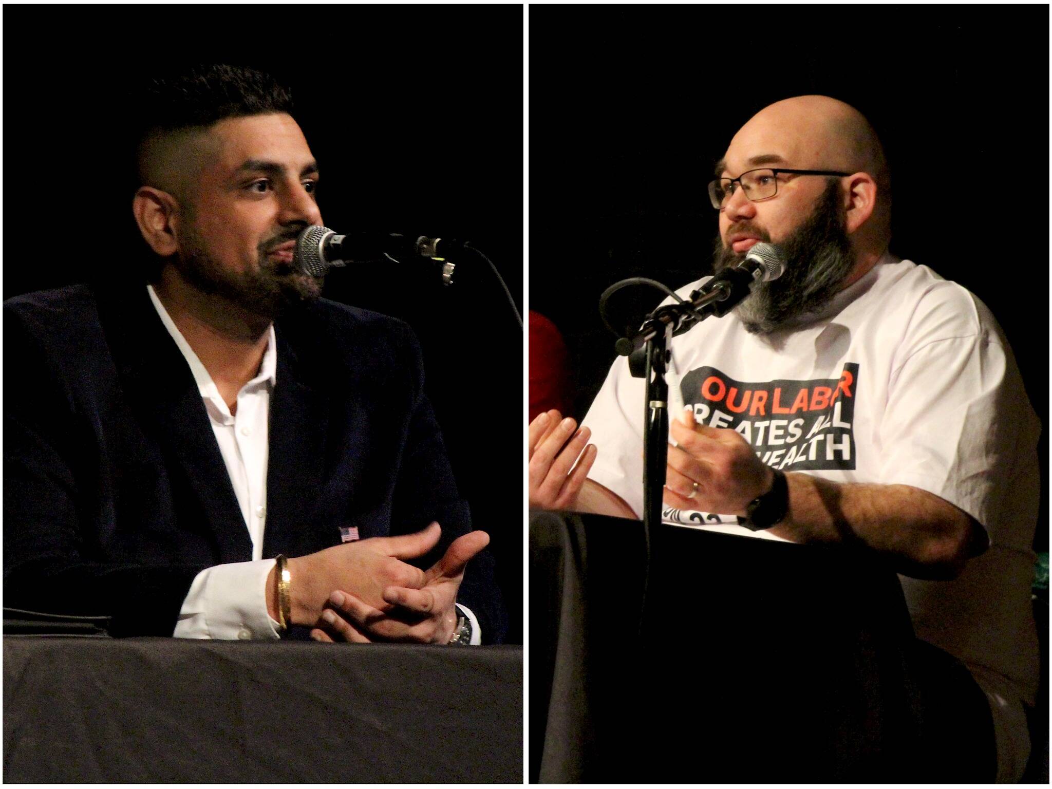 Ramandeep Mann (left) spoke against the Raise the Wage ballot initiative as Michael Westgaard (right) spoke for it during a forum Jan. 31 at Carco Theatre in Renton. (Photo by Bailey Jo Josie/Alb Media)