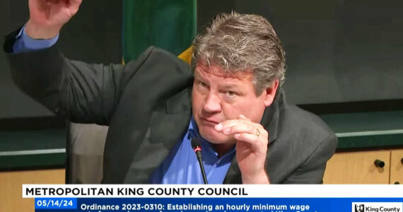 A screenshot of King County Councilmember Reagan Dunn speaking about a proposed amendment for the proposed $20 minimum wage ordinance. (Screenshot)